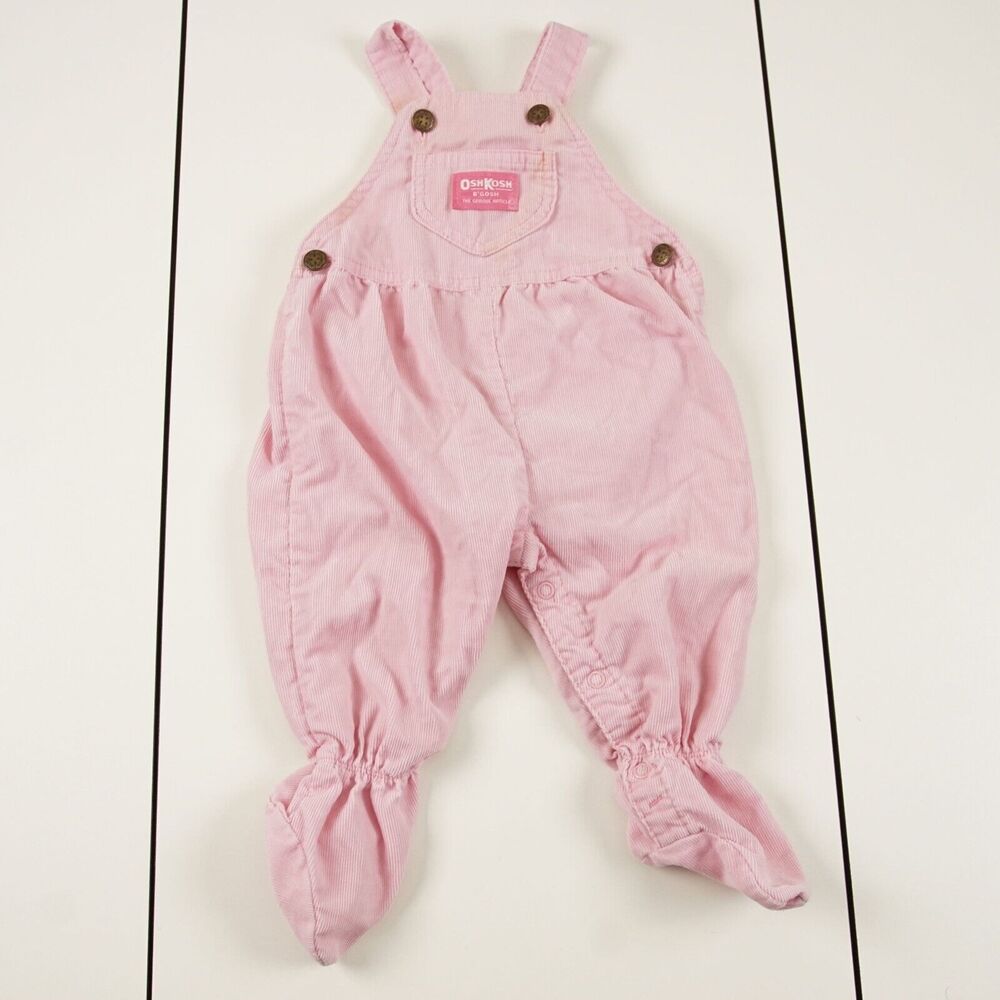 Vintage OshKosh B'gosh Pink Corduroy Overalls With Feet Girls Sz 6 - 9 Months